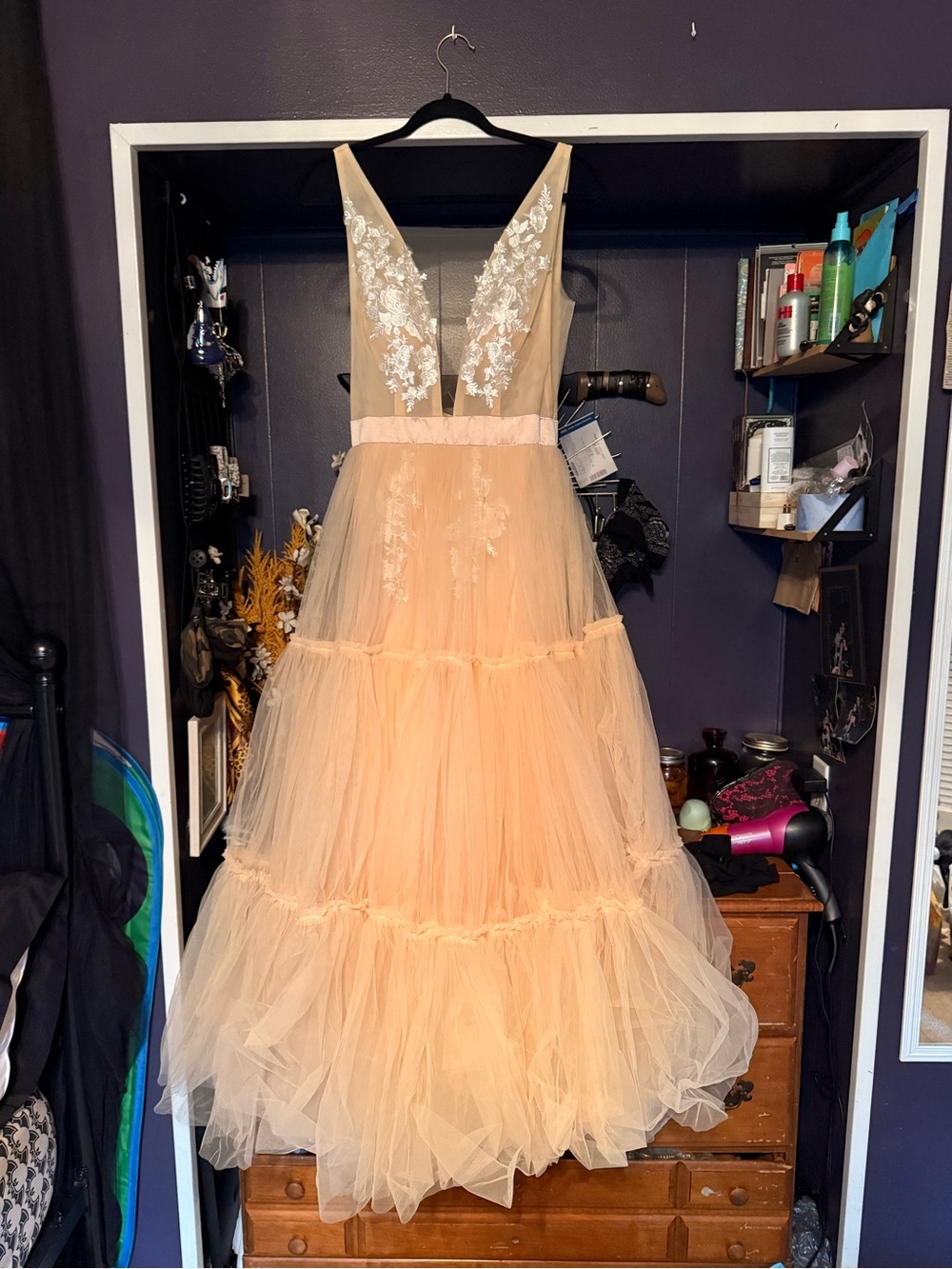 Champagne Tulle Ball Gown with Plunging Lace Bodice
